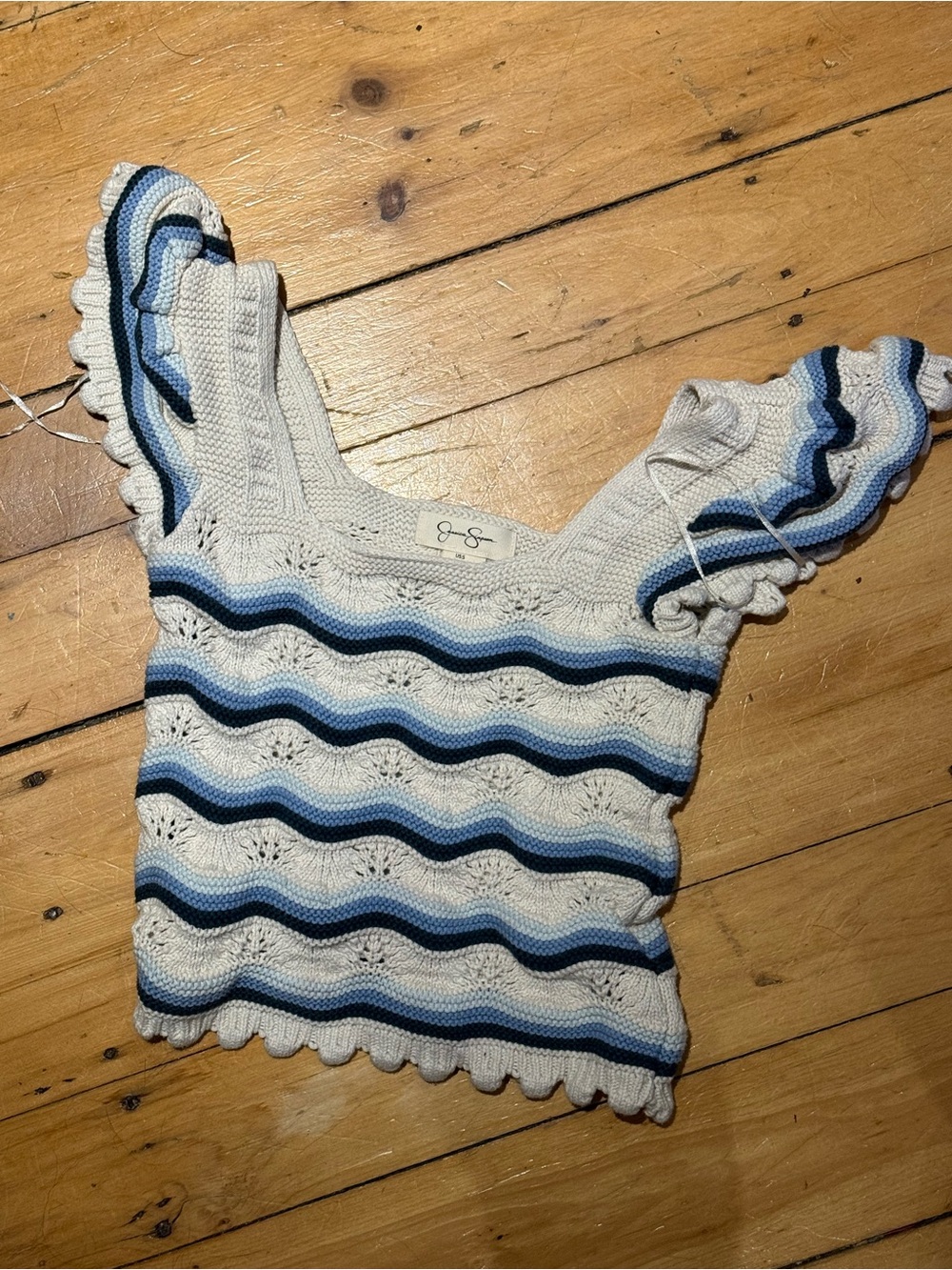 Jessica Simpson White, Navy & Light Blue Striped Crochet Crop Top